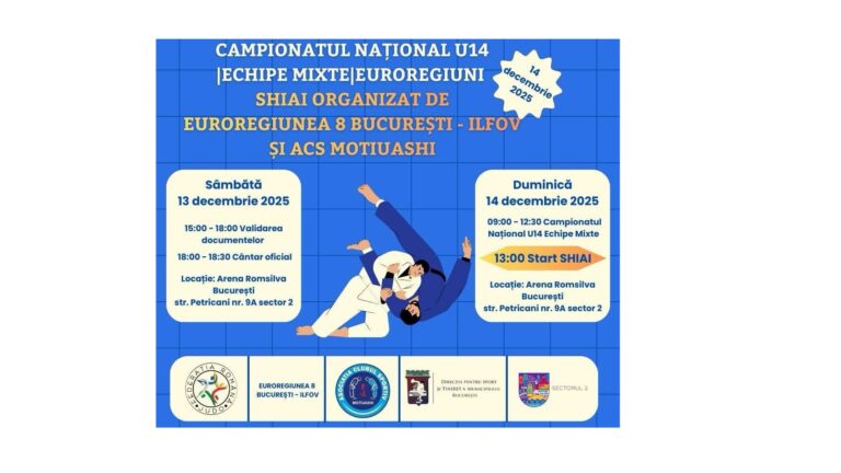 Campionatul Național U14 – Echipe Mixte și competiția de SHIAI vor avea loc la București în perioada 13–14 decembrie 2025. Evenimentul este organizat de Euroregiunea 8 București–Ilfov și ACS Motiuashi și reunește cei mai promițători tineri judoka ai momentului.